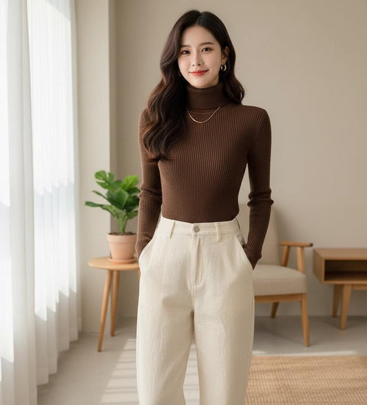 Ribbed Knit Turtleneck Sweater – Slim Fit Long Sleeve Jumper