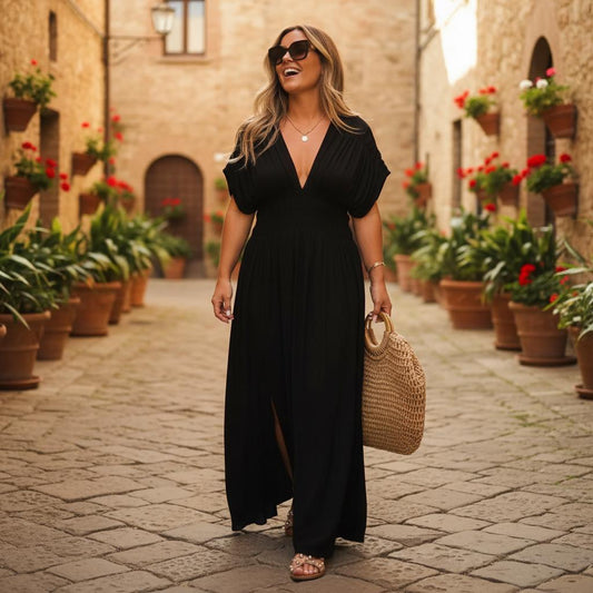 V-Neck Bat Sleeve Maxi Dress – Elastic Waist, Side Slit, Plus Size Summer Style