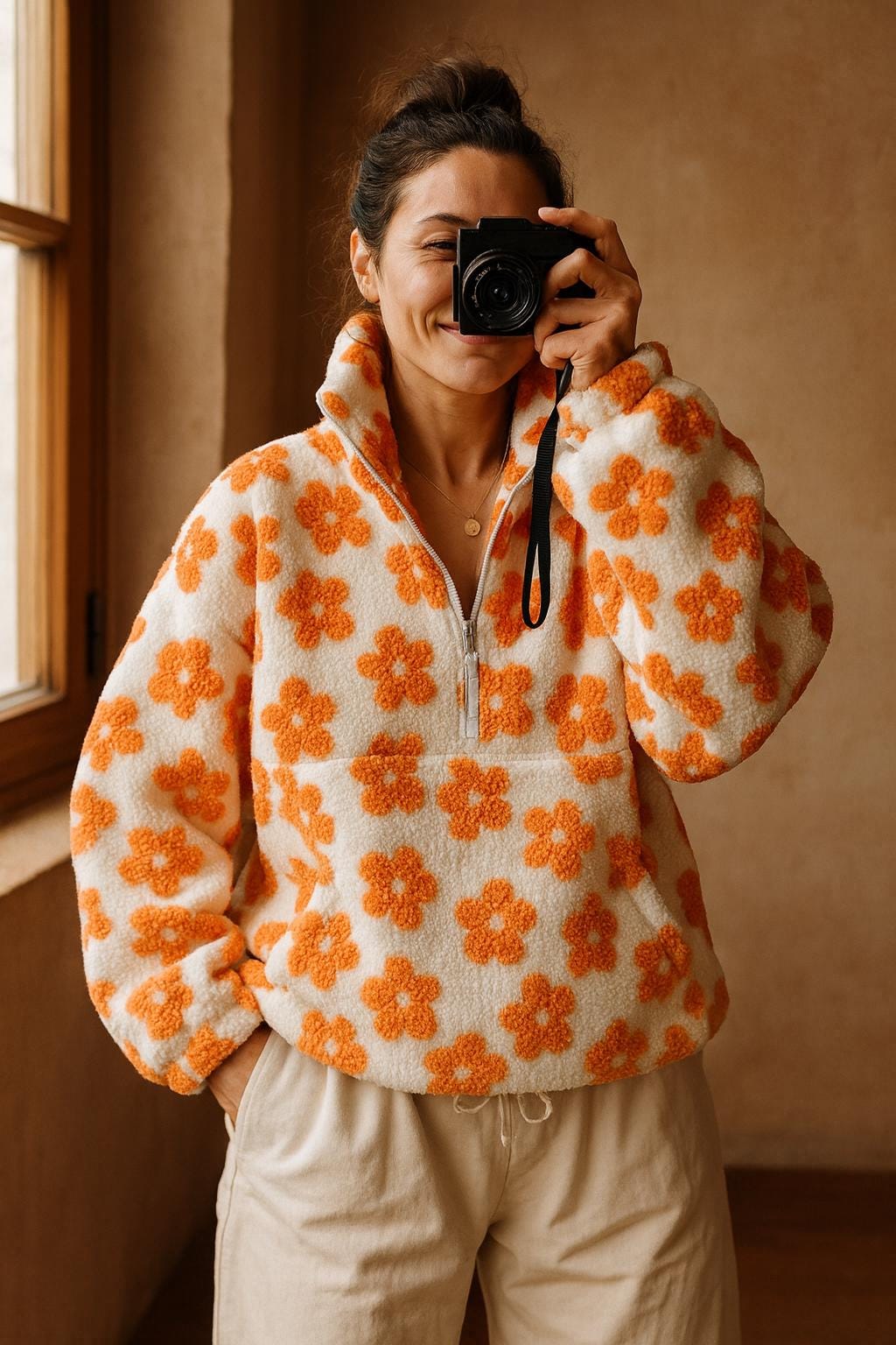 Floral Sherpa Fleece Pullover • Cozy Half Zip Hoodie