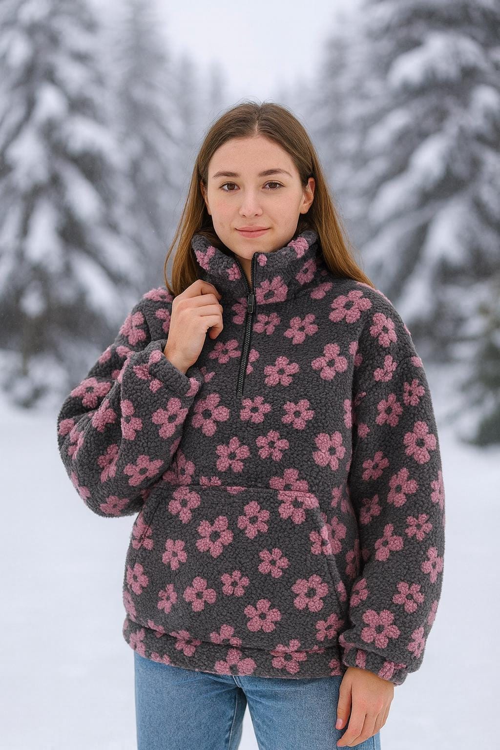 Floral Sherpa Fleece Pullover • Cozy Half Zip Hoodie