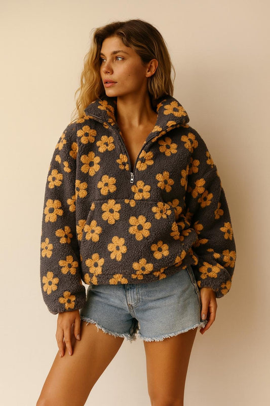 Floral Sherpa Fleece Pullover • Cozy Half Zip Hoodie