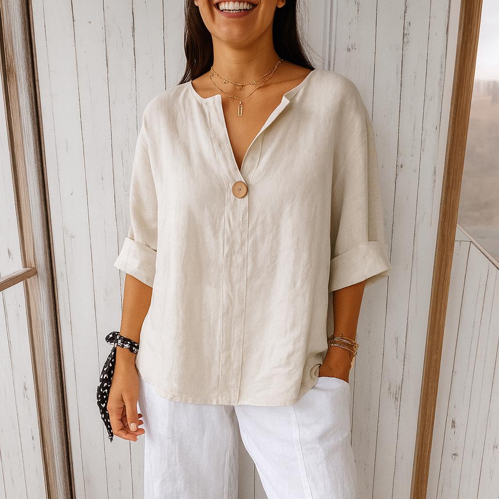 Linen V-Neck Blouse • Oversized Loose Fit Summer Top