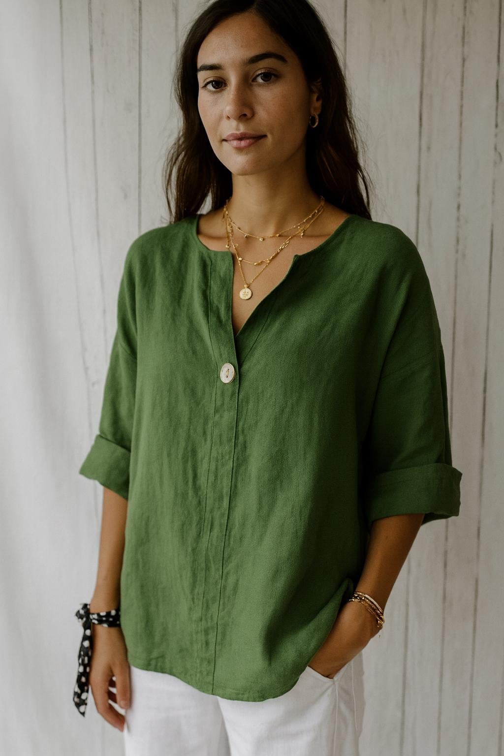 Linen V-Neck Blouse • Oversized Loose Fit Summer Top