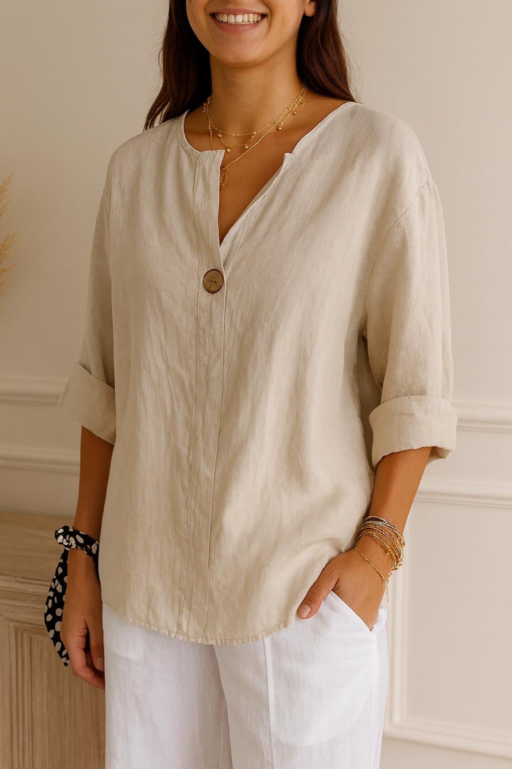 Linen V-Neck Blouse • Oversized Loose Fit Summer Top
