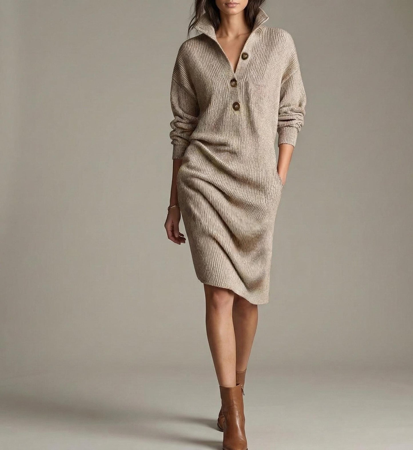 Ribbed Knit Sweater Dress | Button Collar, Long Sleeve Winter Dress