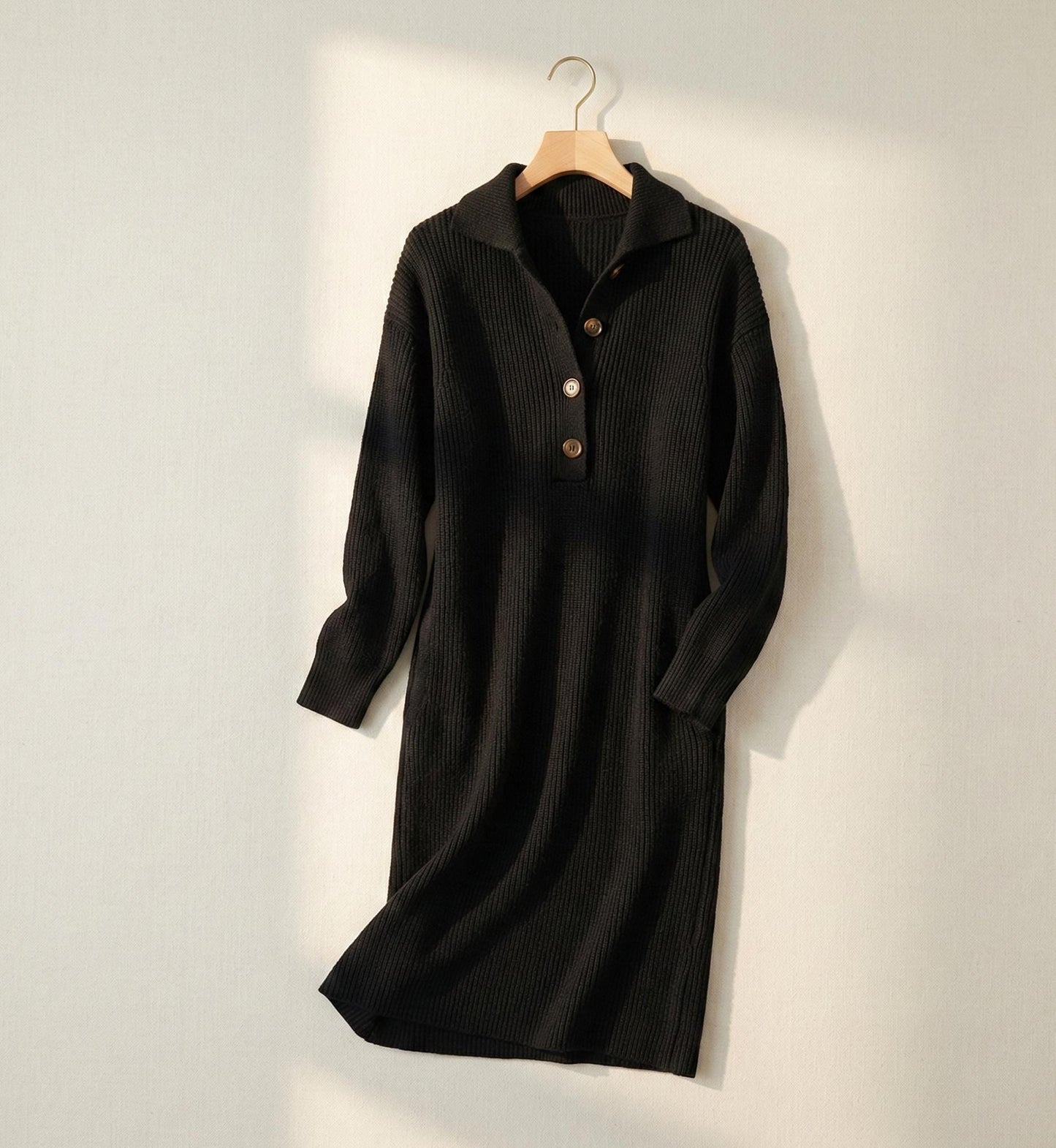 Ribbed Knit Sweater Dress | Button Collar, Long Sleeve Winter Dress