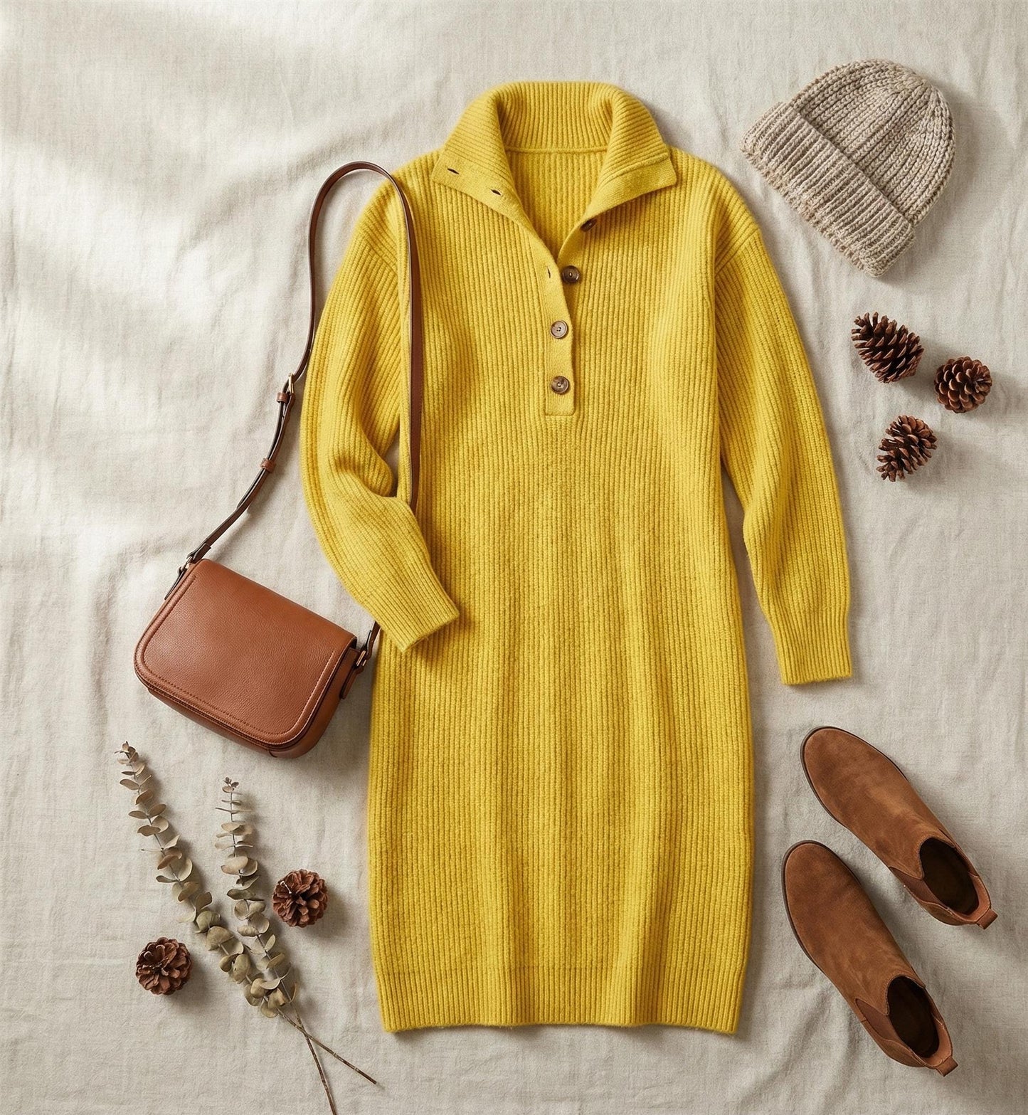 Ribbed Knit Sweater Dress | Button Collar, Long Sleeve Winter Dress