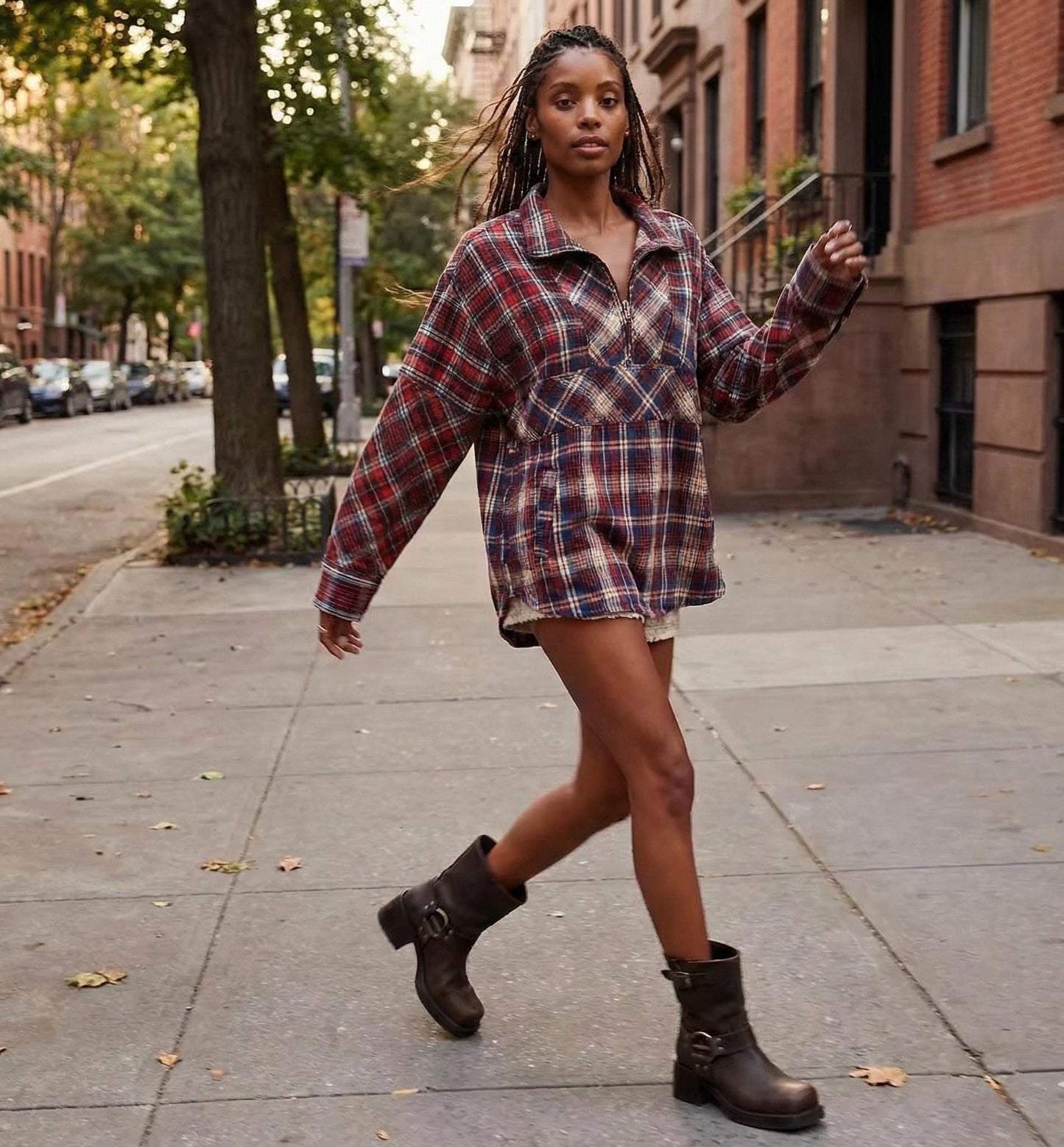 Oversized Plaid Zip-Up Shirt, Tartan Pullover, Fall Streetwear