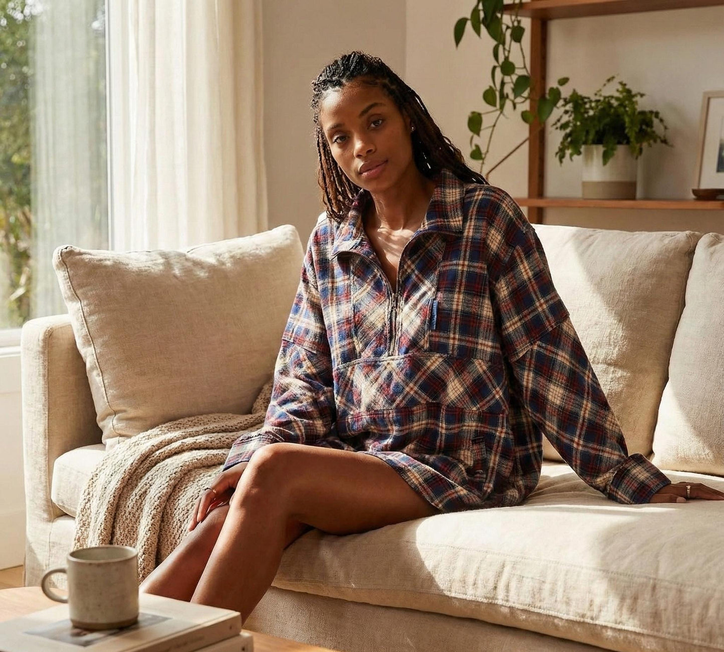 Oversized Plaid Zip-Up Shirt, Tartan Pullover, Fall Streetwear