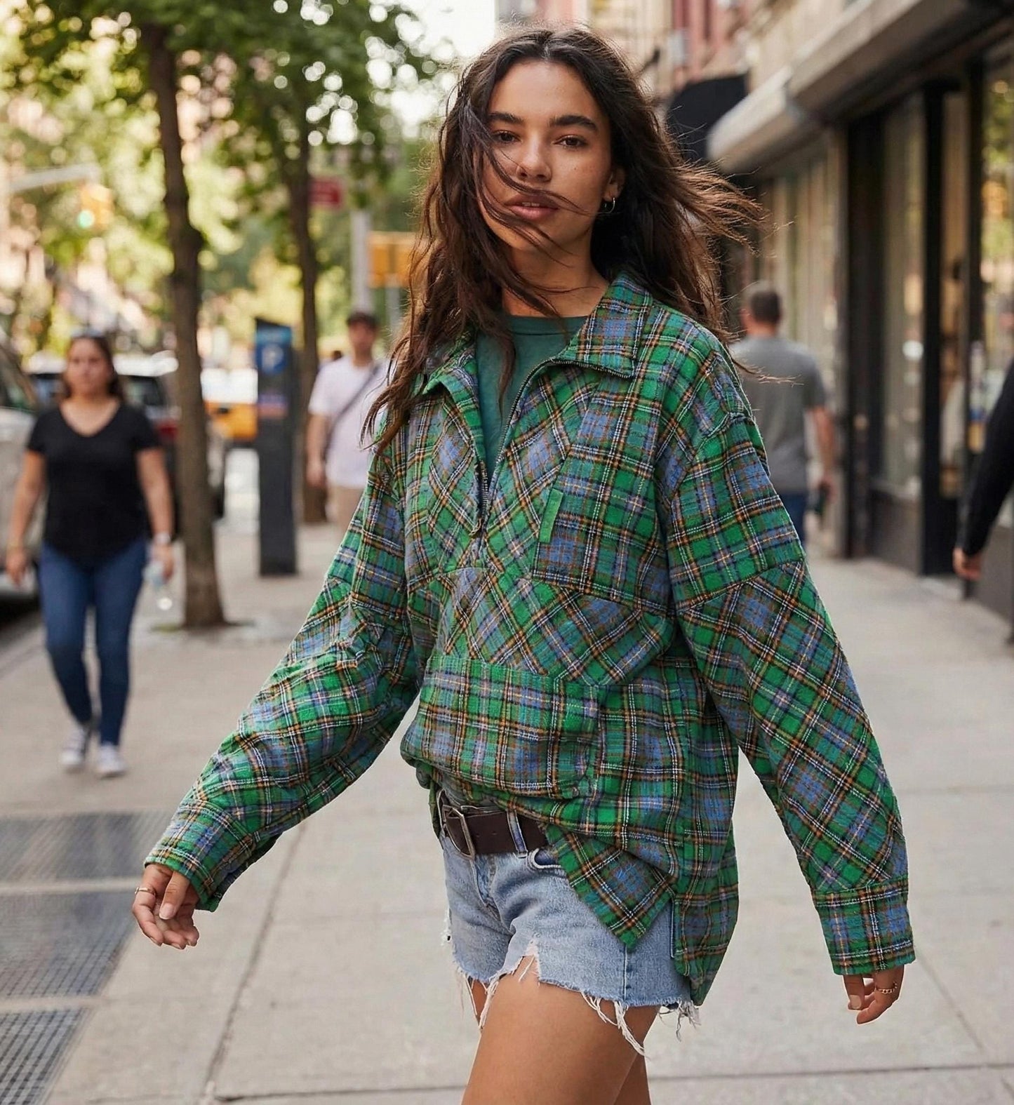 Oversized Plaid Zip-Up Shirt, Tartan Pullover, Fall Streetwear