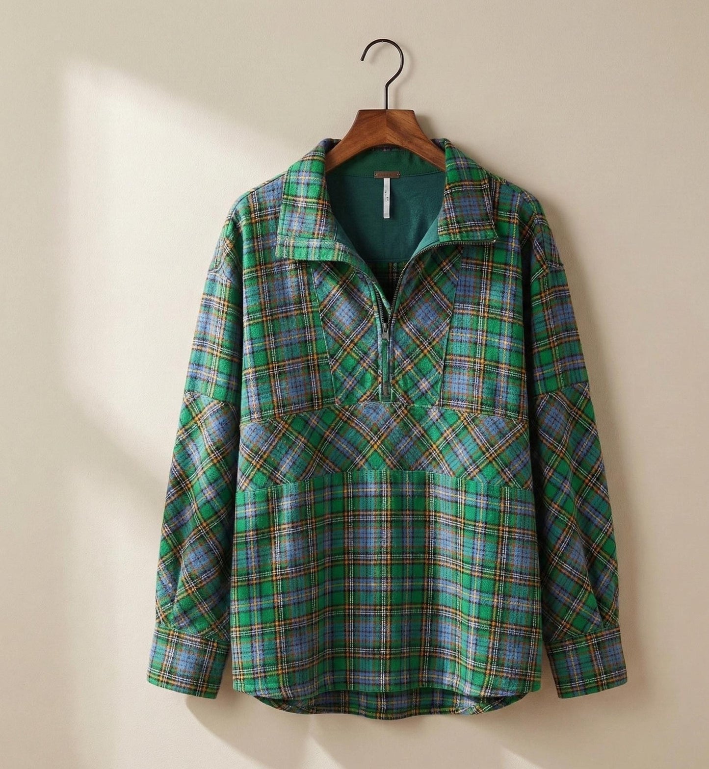 Oversized Plaid Zip-Up Shirt, Tartan Pullover, Fall Streetwear