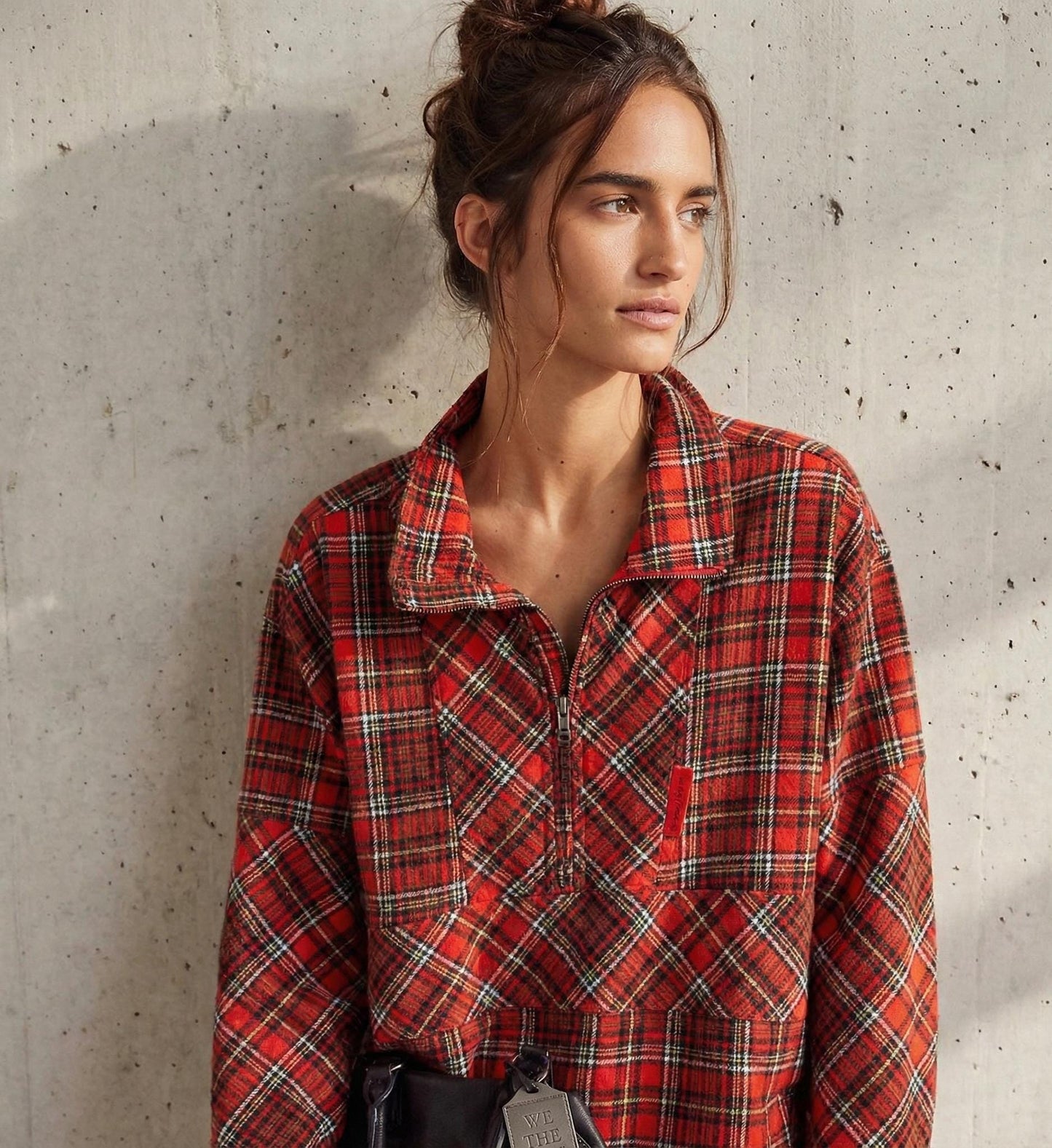 Oversized Plaid Zip-Up Shirt, Tartan Pullover, Fall Streetwear