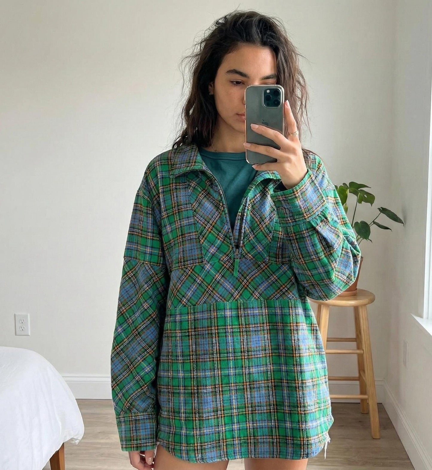 Oversized Plaid Zip-Up Shirt, Tartan Pullover, Fall Streetwear