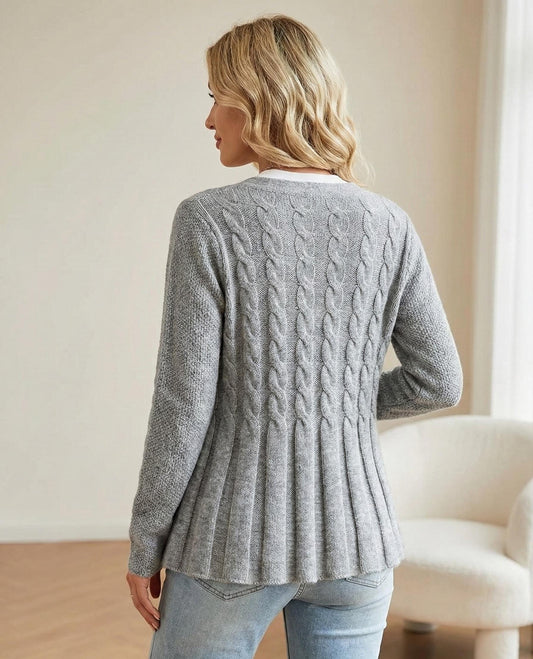 Cable Knit Pleated Cardigan - Elegant Button Down Knitwear