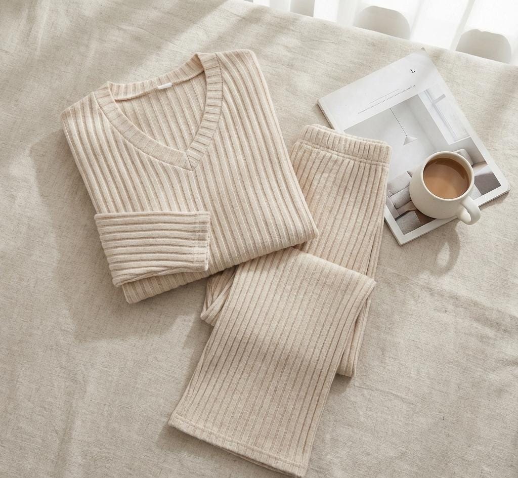 Ribbed Knit Loungewear Set - Women's Soft V-Neck, Wide Leg Pants