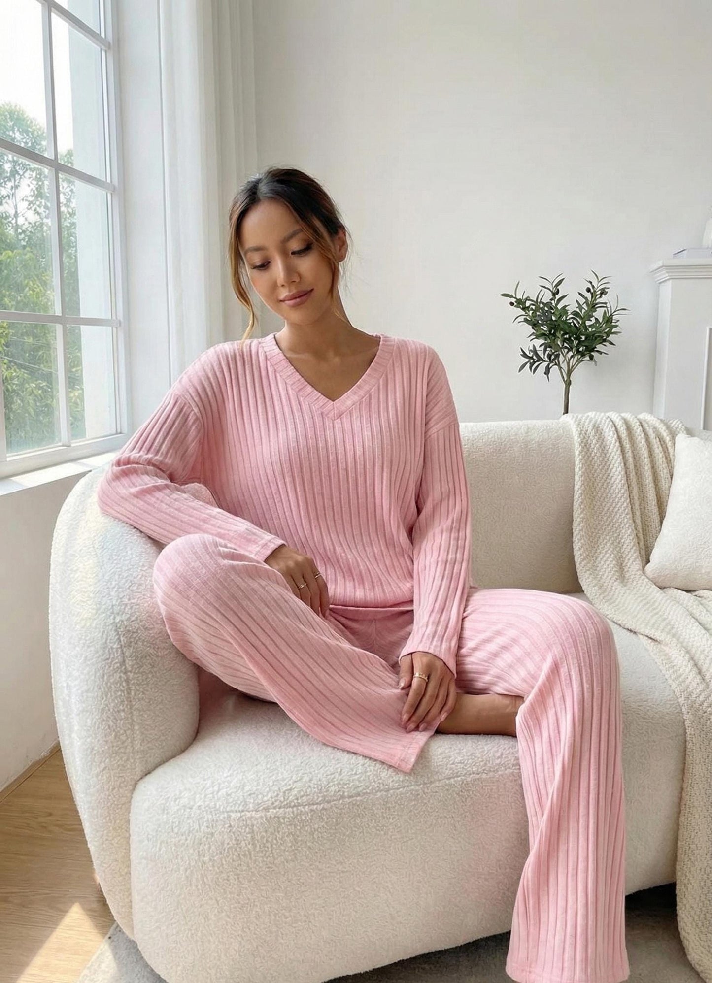 Ribbed Knit Loungewear Set - Women's Soft V-Neck, Wide Leg Pants