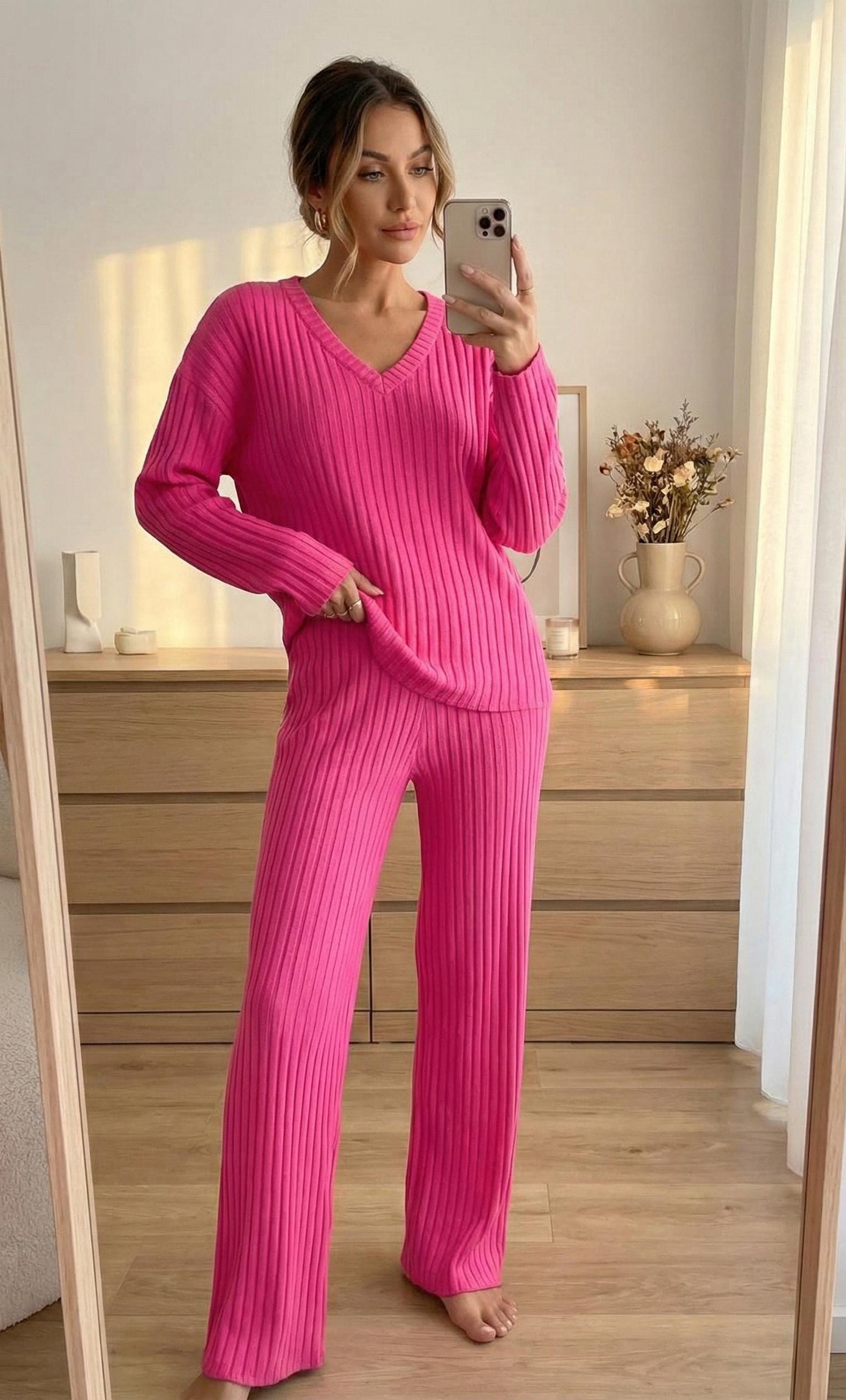 Ribbed Knit Loungewear Set - Women's Soft V-Neck, Wide Leg Pants