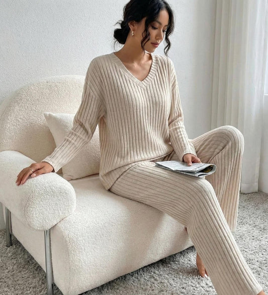 Ribbed Knit Loungewear Set - Women's Soft V-Neck, Wide Leg Pants