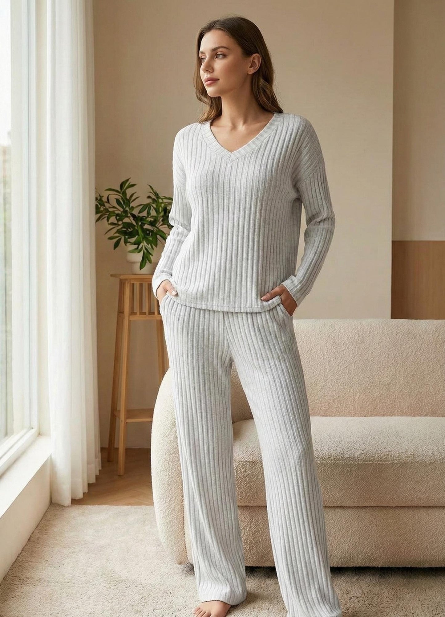 Ribbed Knit Loungewear Set - Women's Soft V-Neck, Wide Leg Pants