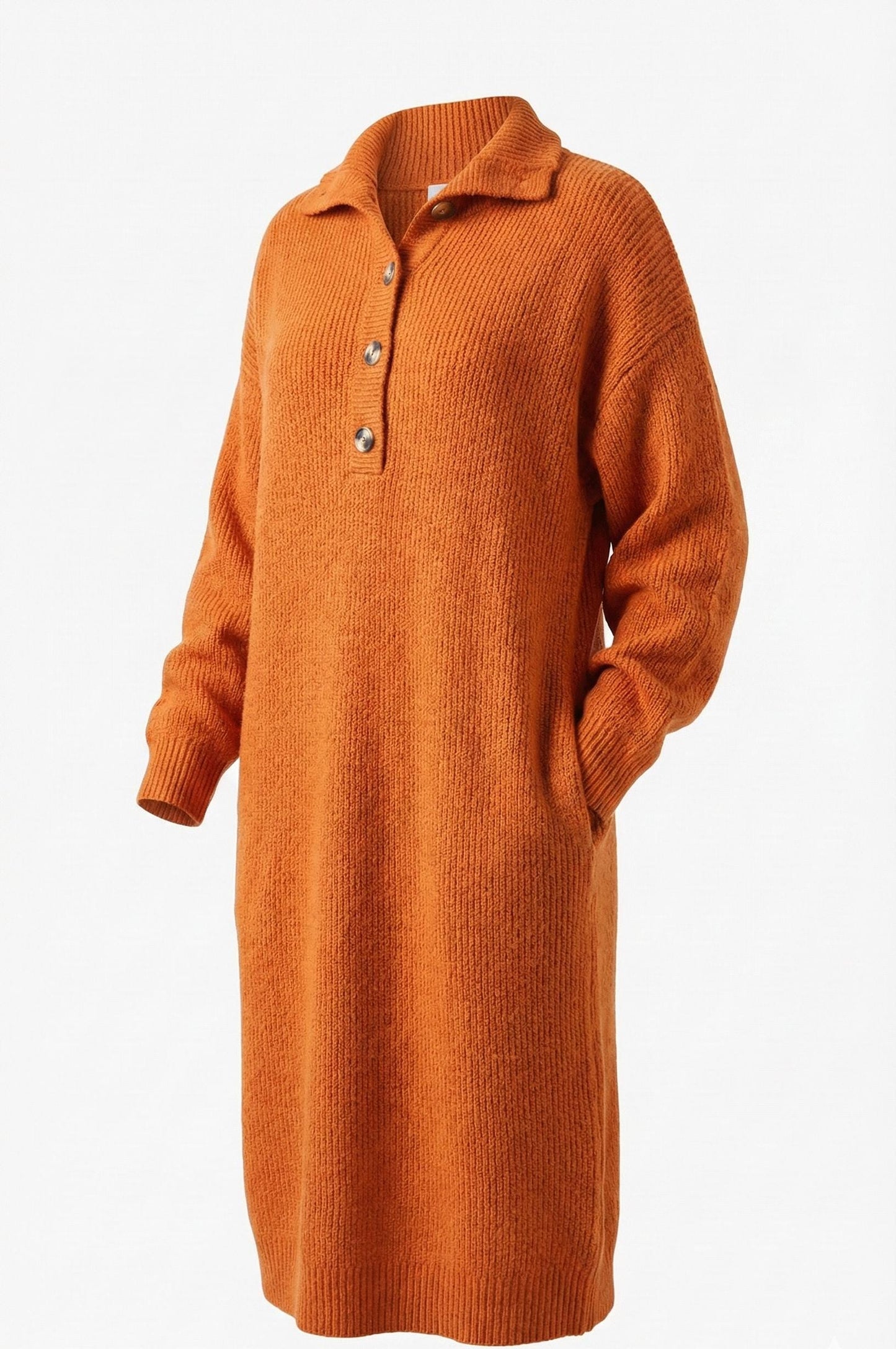 Ribbed Knit Sweater Dress | Button Collar, Long Sleeve Winter Dress
