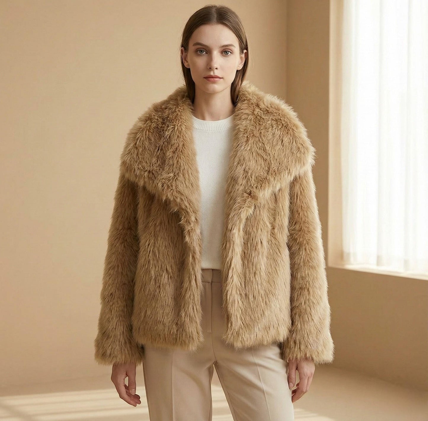 Faux Fur Winter Jacket | Plush Short Coat, Wide Collar