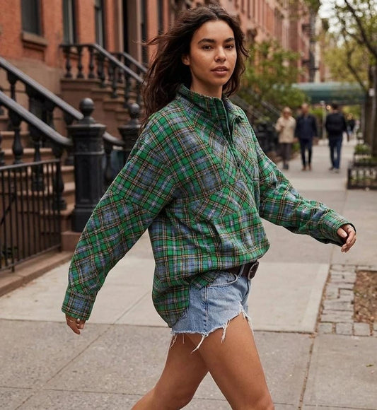 Oversized Plaid Zip-Up Shirt, Tartan Pullover, Fall Streetwear
