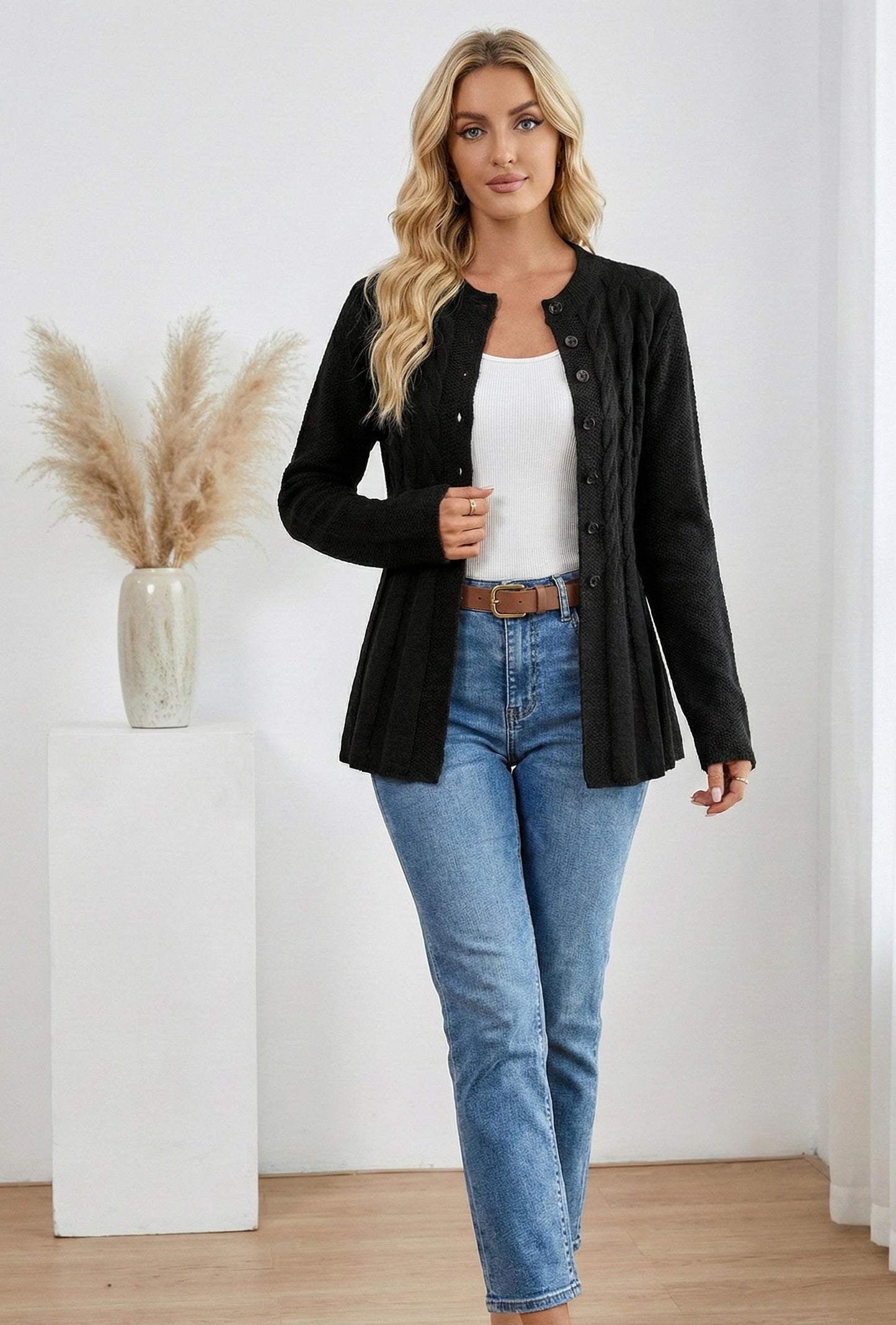 Cable Knit Pleated Cardigan - Elegant Button Down Knitwear