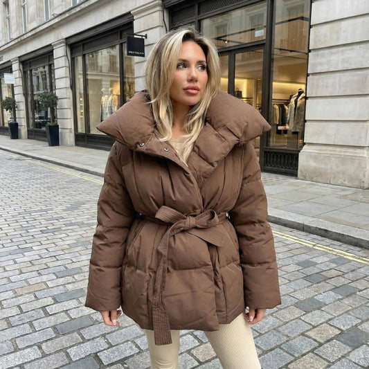 Women’s Belted Puffer Jacket – Oversized Winter Coat with High Collar, Cozy Warm Quilted Jacket, Stylish Cold Weather Outerwear