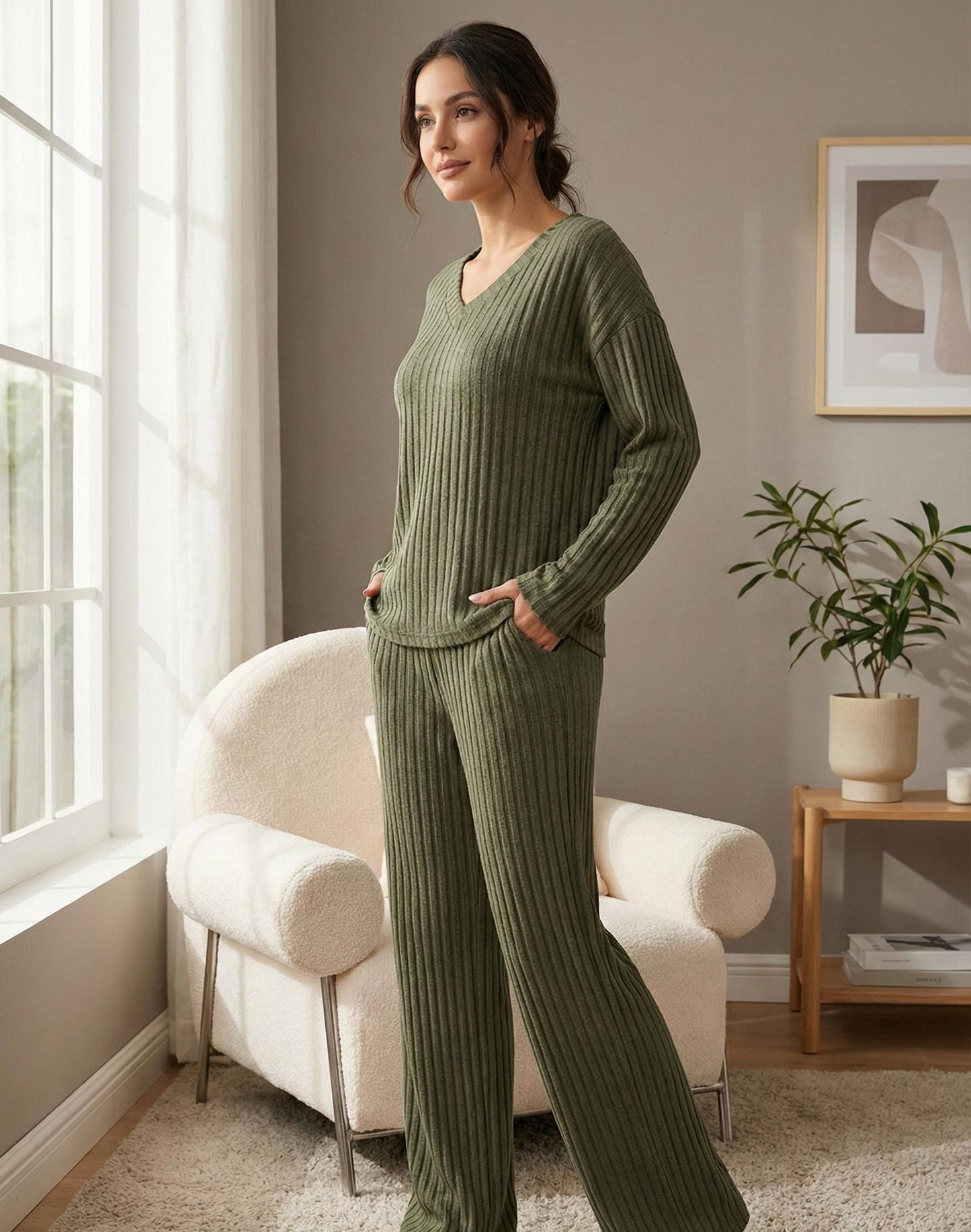Ribbed Knit Loungewear Set - Women's Soft V-Neck, Wide Leg Pants