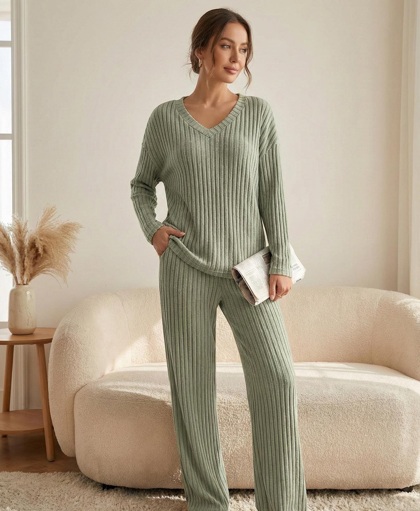Ribbed Knit Loungewear Set - Women's Soft V-Neck, Wide Leg Pants