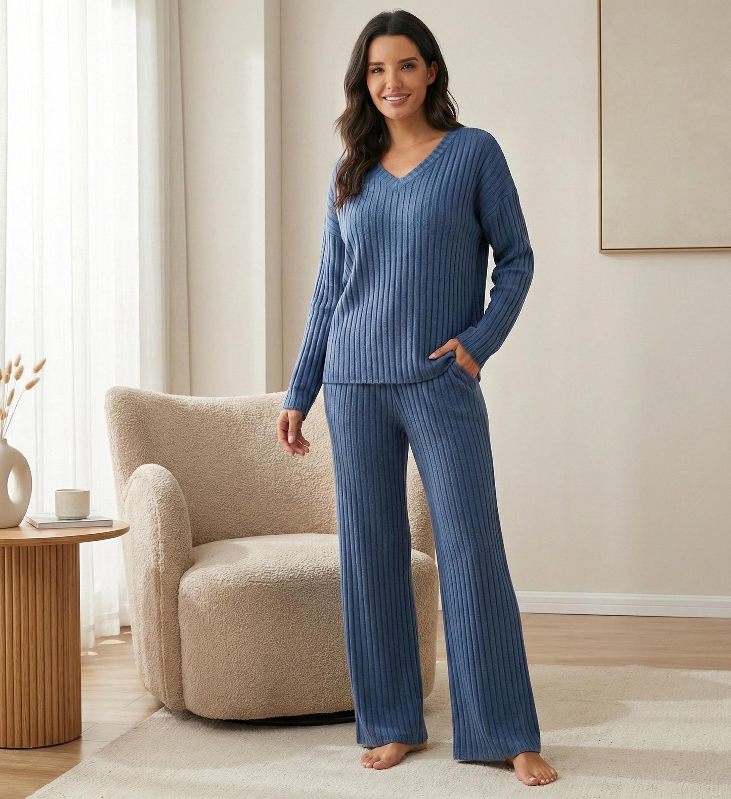 Ribbed Knit Loungewear Set - Women's Soft V-Neck, Wide Leg Pants