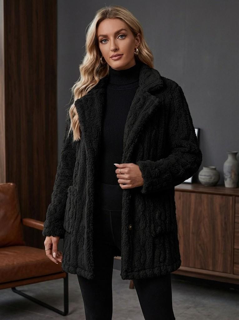Women’s Cozy Teddy Jacket | Soft Faux Fur Winter Coat | Button Front Plush Jacket | Warm Casual Outerwear