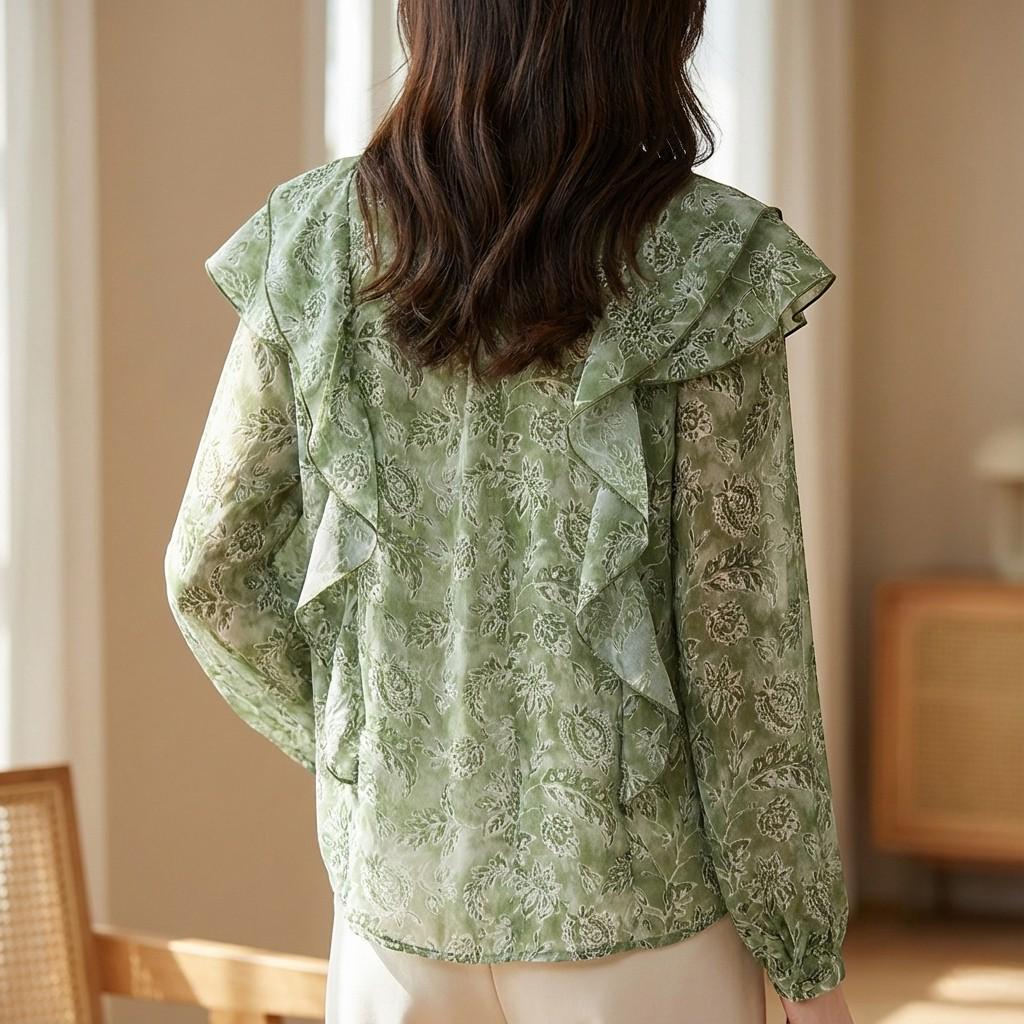Green Floral Ruffle Blouse, Lightweight V Neck Boho Shirt