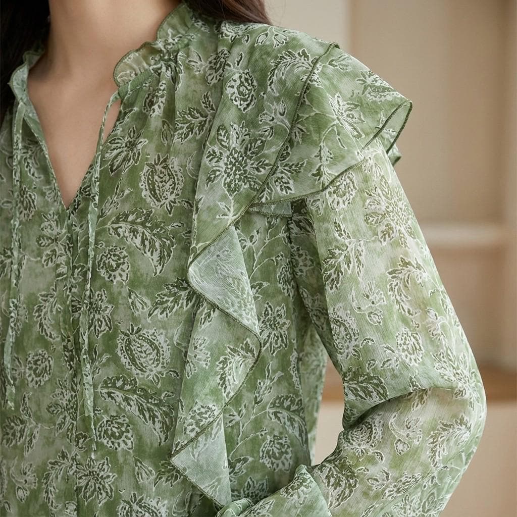 Green Floral Ruffle Blouse, Lightweight V Neck Boho Shirt