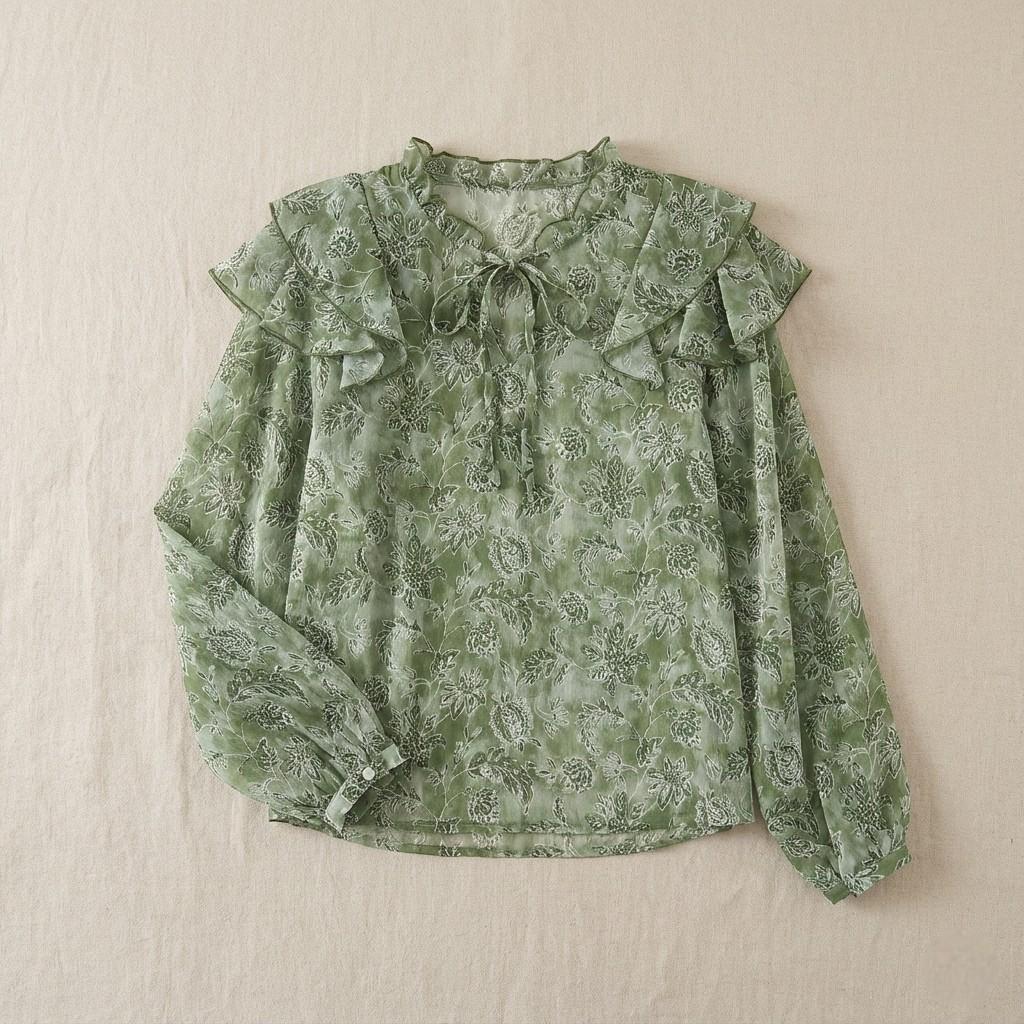 Green Floral Ruffle Blouse, Lightweight V Neck Boho Shirt