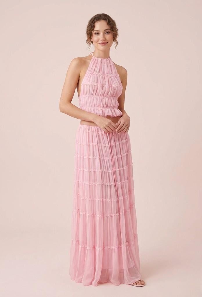 Women’s Halter Crop Top and Maxi Skirt Set – Summer Two Piece Outfit, Flowy Textured Co-Ord Set, Beach & Vacation Wear