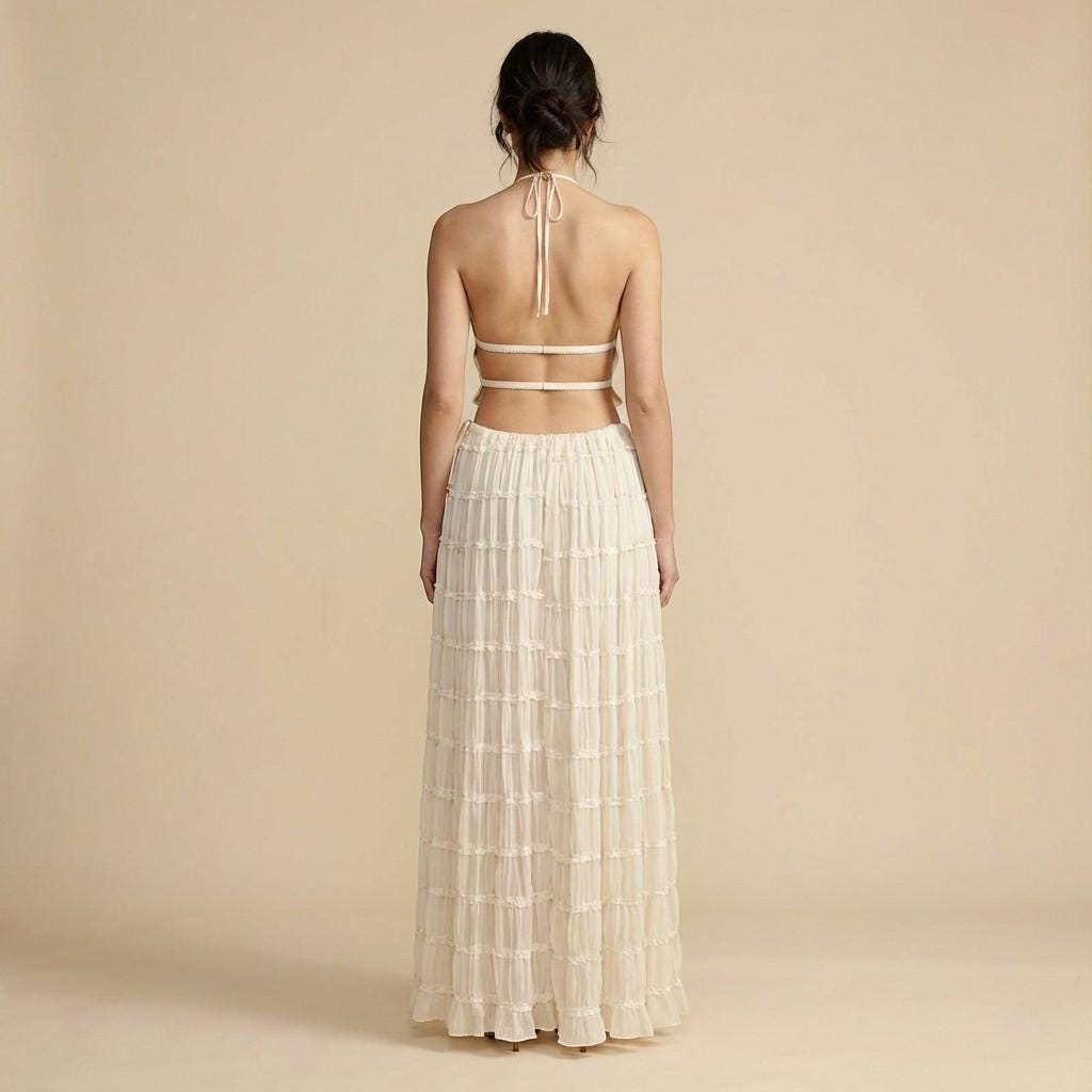 Women’s Halter Crop Top and Maxi Skirt Set – Summer Two Piece Outfit, Flowy Textured Co-Ord Set, Beach & Vacation Wear
