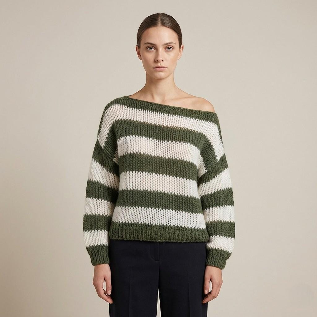 Striped Oversized Knit Sweater for Women, Cozy Hand Knit Style Jumper, Soft Winter Pullover in Pink Grey Blue Green