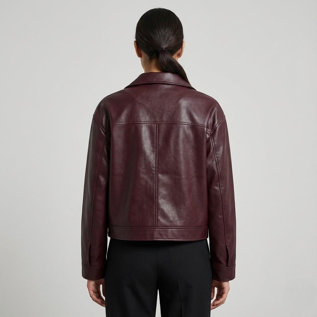 Oversized Faux Leather Jacket for Women, Cropped Zip-Up Jacket, Minimal Chic Outerwear, Modern Street Style Coat