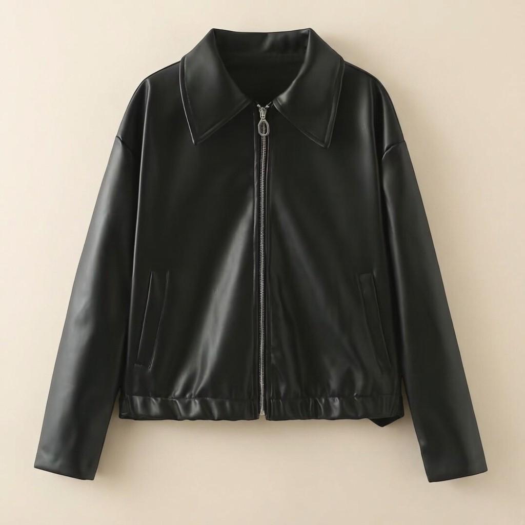 Oversized Faux Leather Jacket for Women, Cropped Zip-Up Jacket, Minimal Chic Outerwear, Modern Street Style Coat