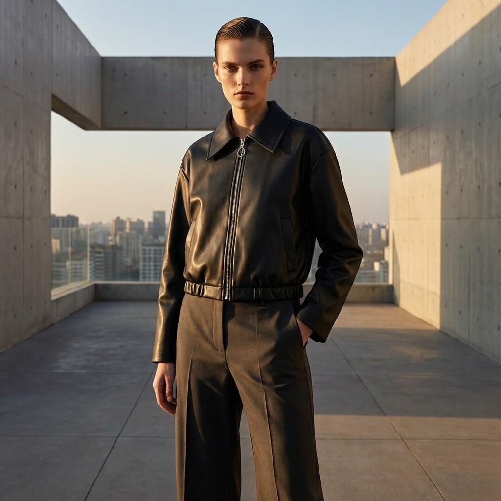 Oversized Faux Leather Jacket for Women, Cropped Zip-Up Jacket, Minimal Chic Outerwear, Modern Street Style Coat