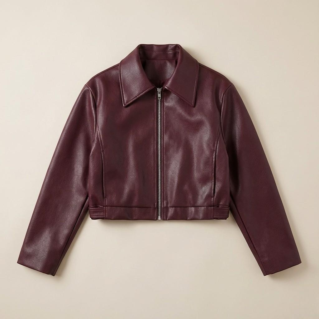 Oversized Faux Leather Jacket for Women, Cropped Zip-Up Jacket, Minimal Chic Outerwear, Modern Street Style Coat