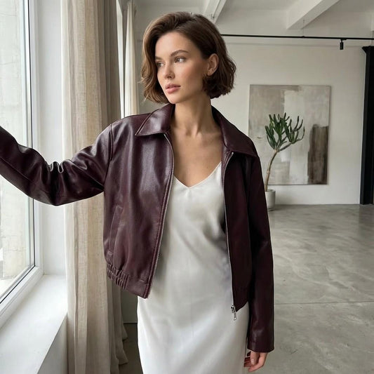 Oversized Faux Leather Jacket for Women, Cropped Zip-Up Jacket, Minimal Chic Outerwear, Modern Street Style Coat
