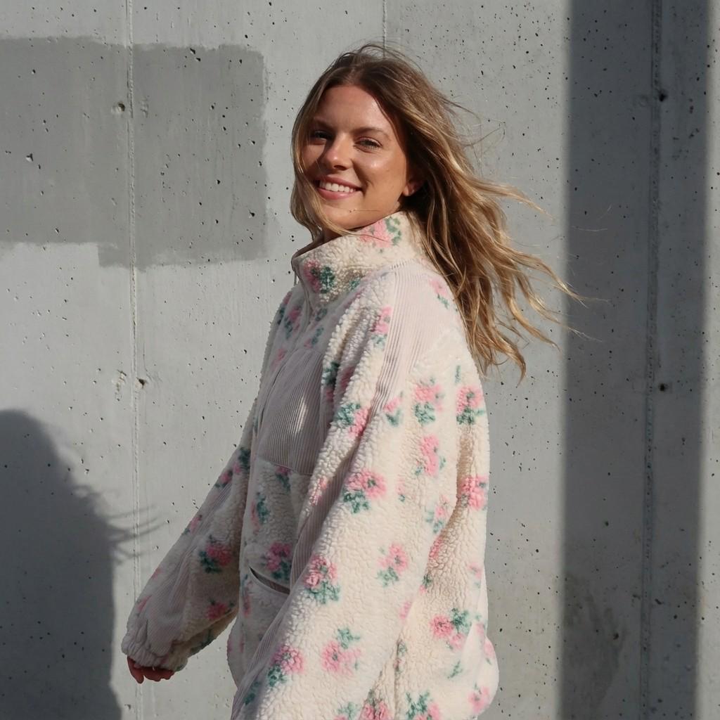 Floral Fleece Teddy Jacket, Zip-Up Sherpa Coat, Oversized Winter Outerwear