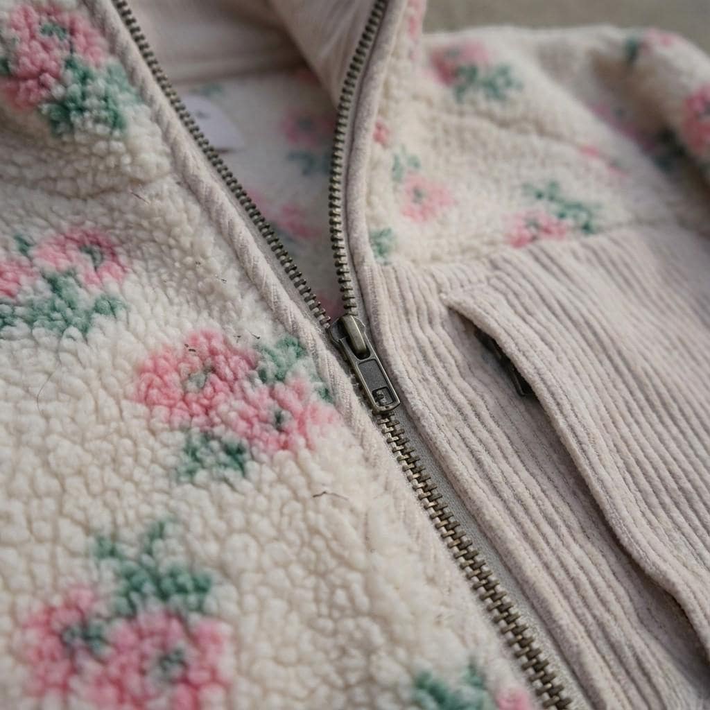 Floral Fleece Teddy Jacket, Zip-Up Sherpa Coat, Oversized Winter Outerwear