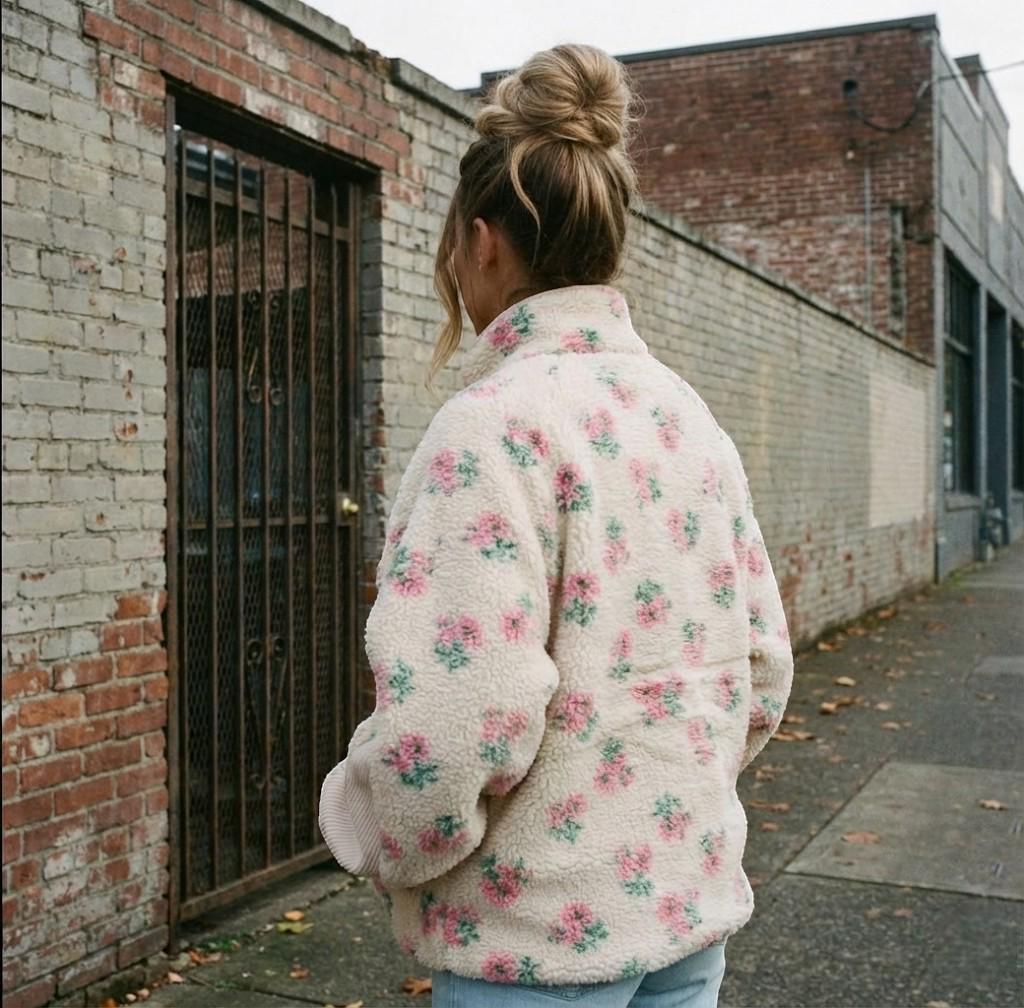 Floral Fleece Teddy Jacket, Zip-Up Sherpa Coat, Oversized Winter Outerwear