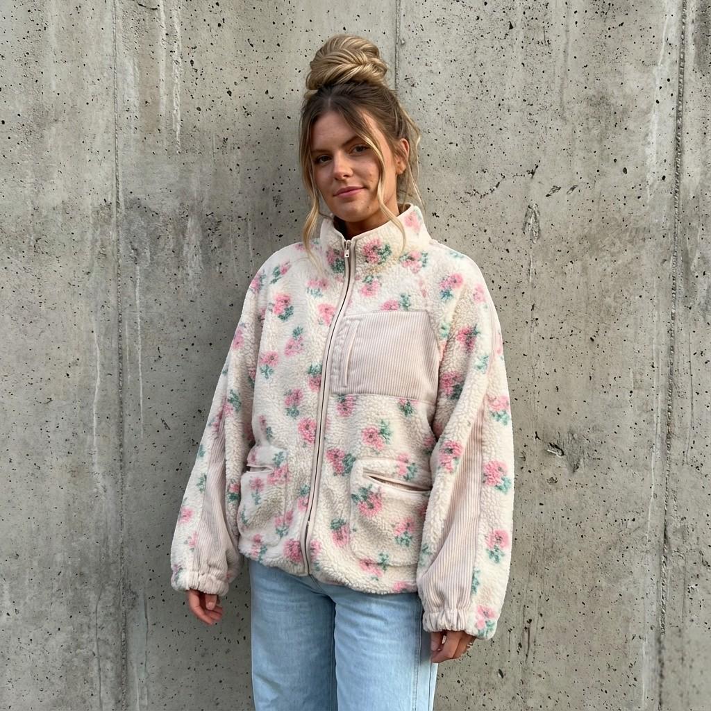 Floral Fleece Teddy Jacket, Zip-Up Sherpa Coat, Oversized Winter Outerwear