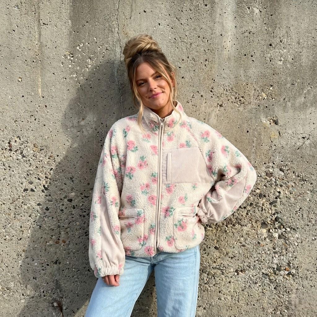 Floral Fleece Teddy Jacket, Zip-Up Sherpa Coat, Oversized Winter Outerwear