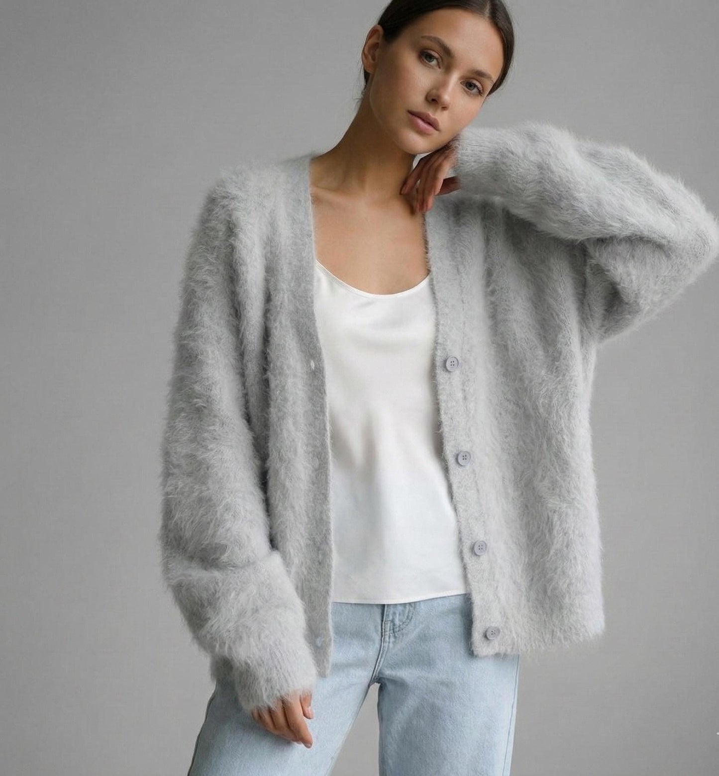 Fluffy Mohair Look Cardigan for Women – Oversized Soft Knit Button Up Sweater, Cozy Winter Cardigan, 7 Colours