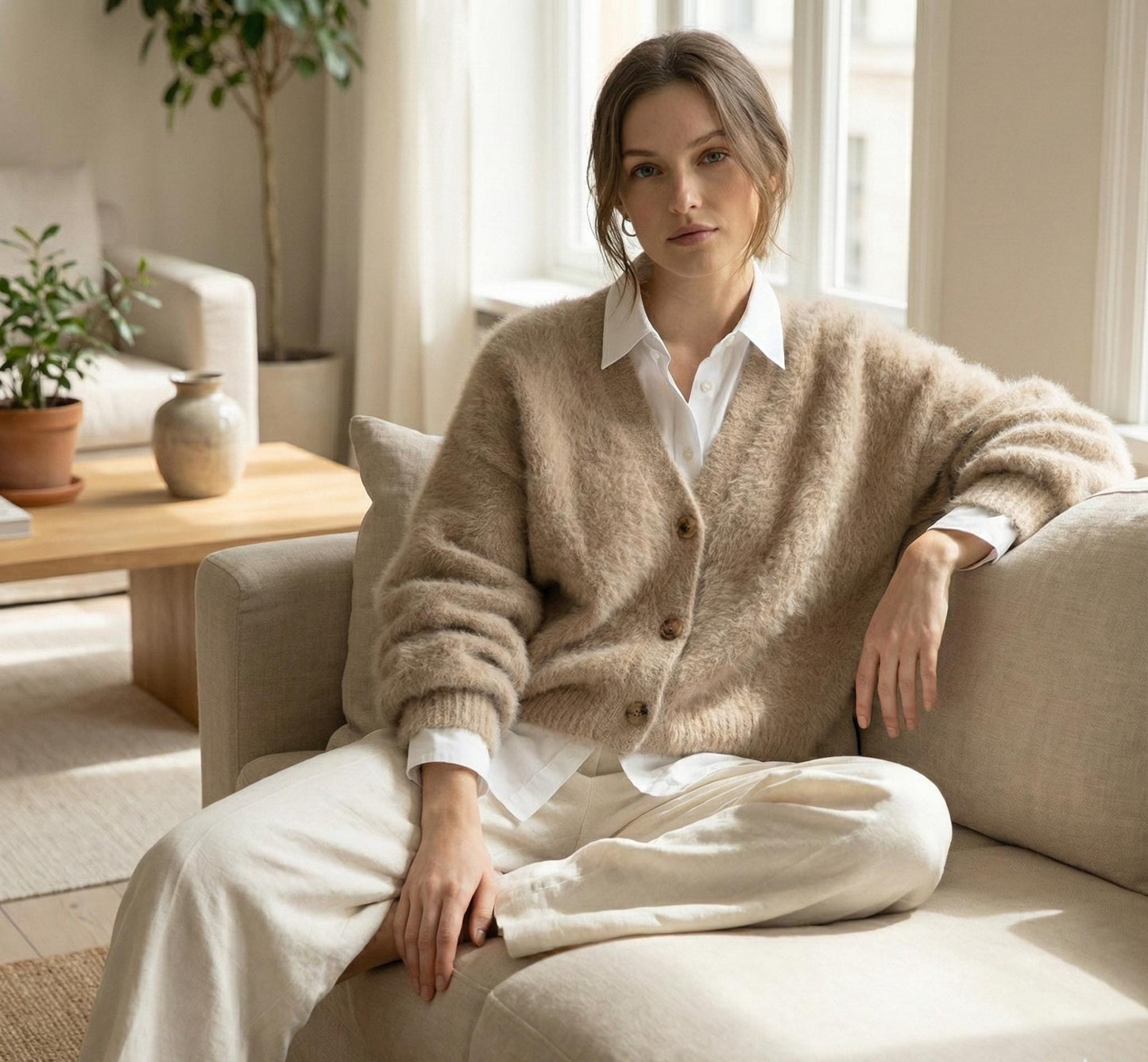 Fluffy Mohair Look Cardigan for Women – Oversized Soft Knit Button Up Sweater, Cozy Winter Cardigan, 7 Colours